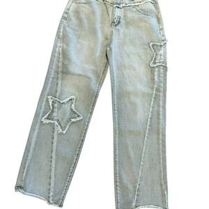 Pale Olive Green Straight Leg Jeans with Star Trim Womens 28 x 28